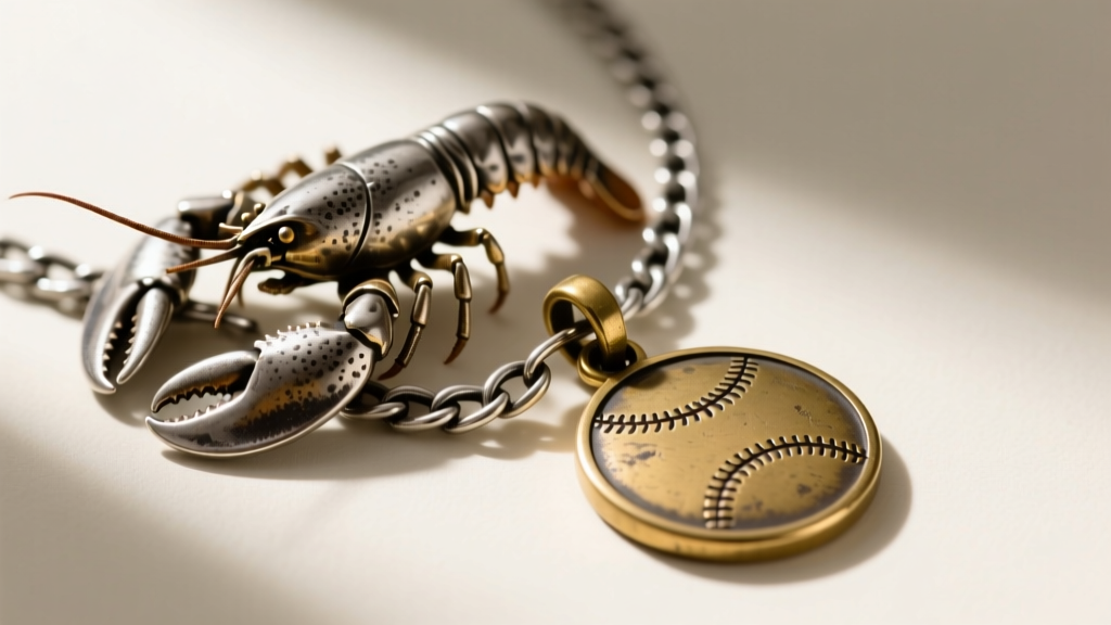 Macro shot of a lobster clasp and soldered ring on an oxidized silver chain holding a vintage brass baseball team logo pendant