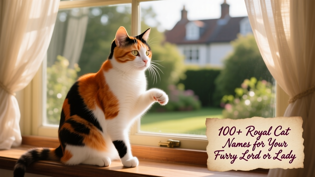 A poised calico cat seated on a sunlit windowsill, gazing thoughtfully outside