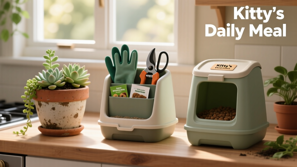 Side-by-side comparison showing three repurposed litter jugs: one as a planter, one as a tool caddy, and one as a pet food storage container