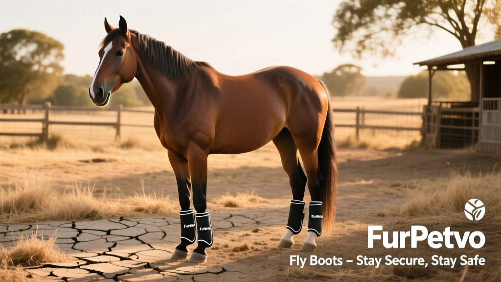 Horse wearing FurPetVo fly boots while standing in a dry, shaded paddock