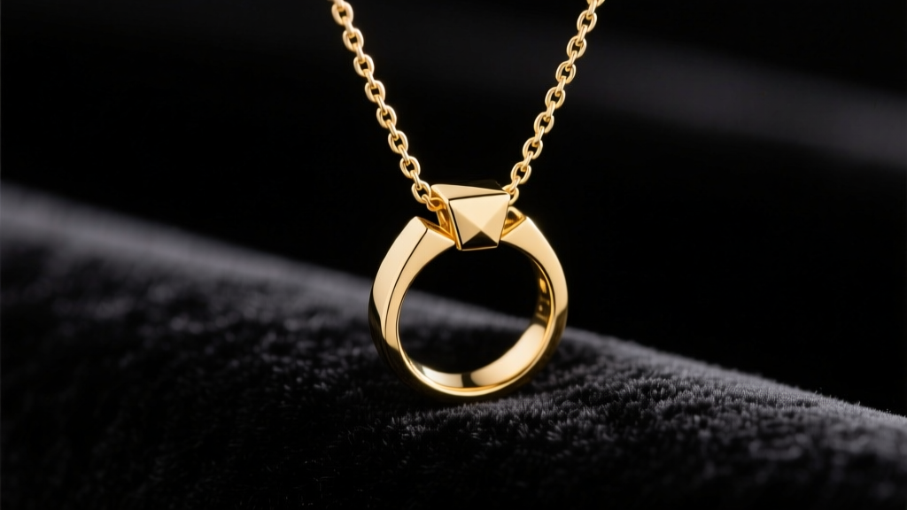 18k yellow gold ring pendant on dark velvet, soft studio lighting highlighting the high-polish finish and delicate box chain.