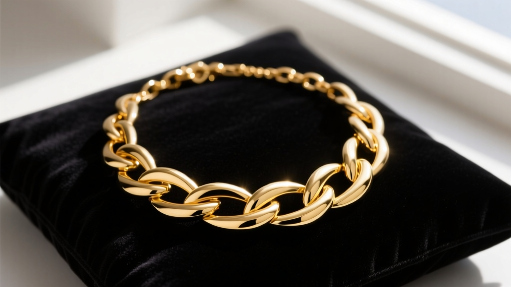Elegant 18k yellow gold interlocking loop necklace on dark velvet, highlighting seamless soldered joints and a high-polish finish.