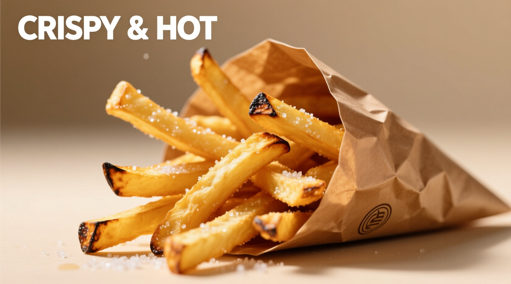 Golden crispy homemade french fries in a paper cone