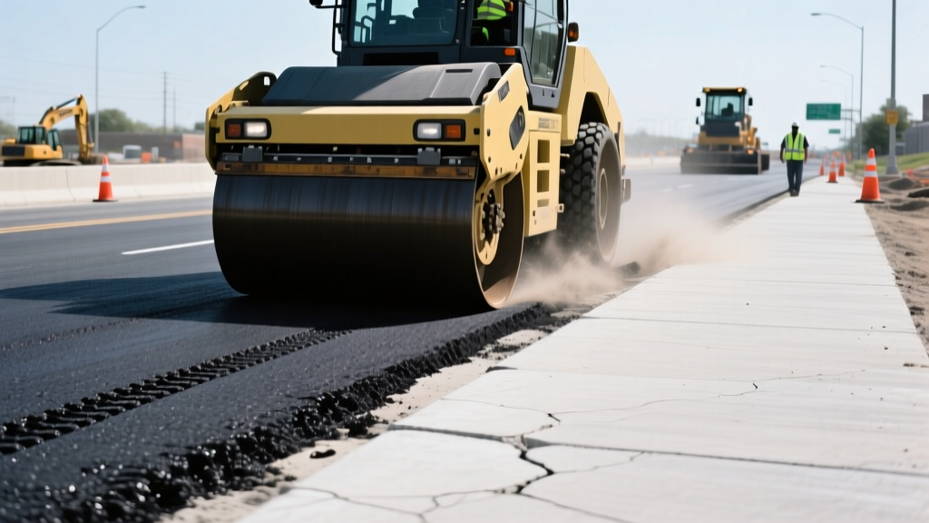 Heavy roller compacting dark asphalt adjacent to a cured light-gray concrete roadway on a bright municipal highway construction site