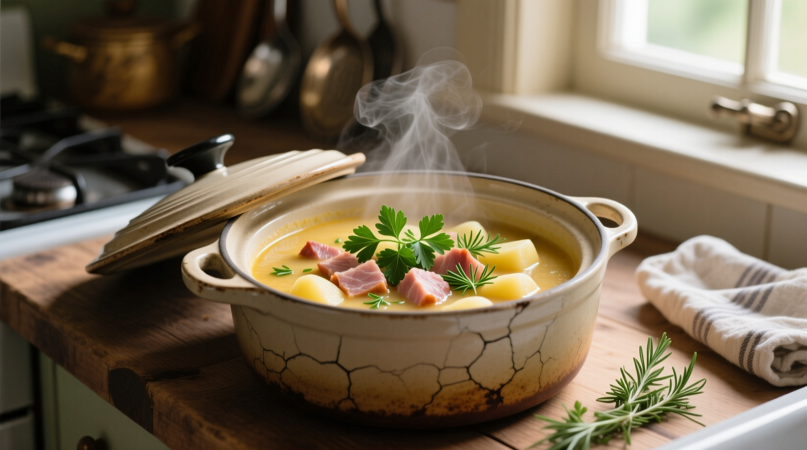 Creamy ham potato soup in crock pot with fresh herbs
