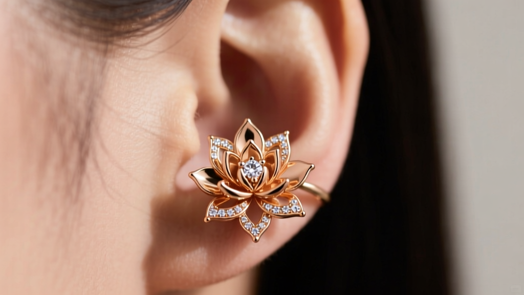 Macro shot of a 14k rose gold lotus flower ear cuff with pavé melee diamonds, worn elegantly on the upper helix cartilage of an ear.