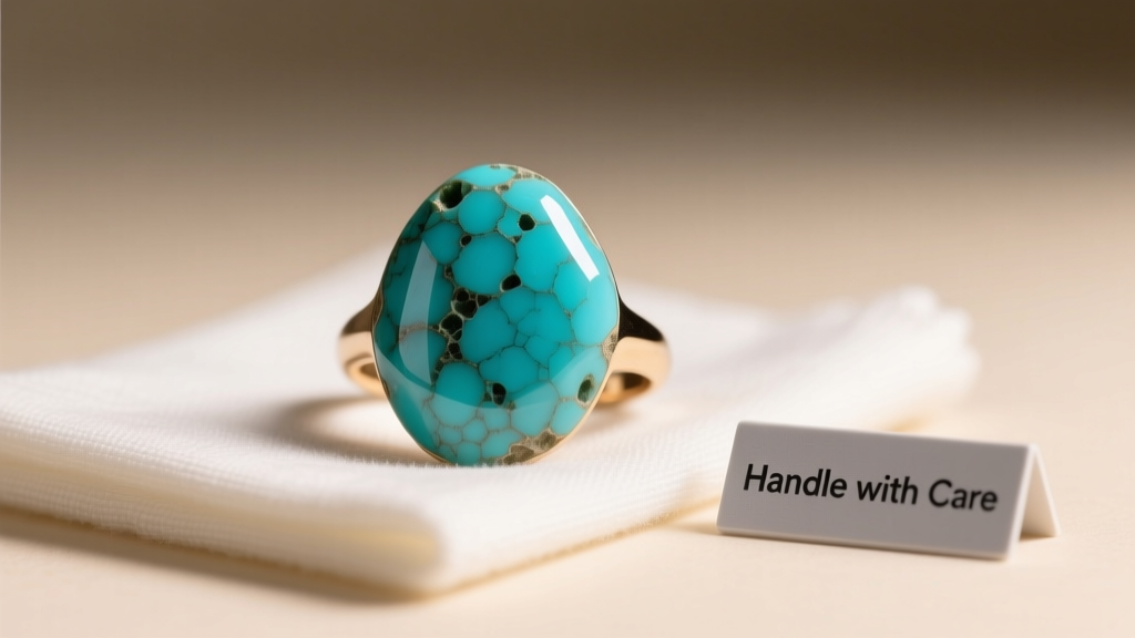 Macro shot of porous turquoise cabochon ring resting on microfiber cloth beside a small warning sign under warm studio lighting