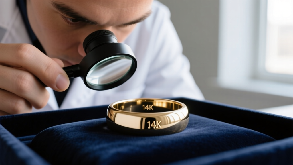Jeweler using a 10x loupe to inspect the inner shank of a white gold band, revealing a tiny 14K stamp against dark velvet.
