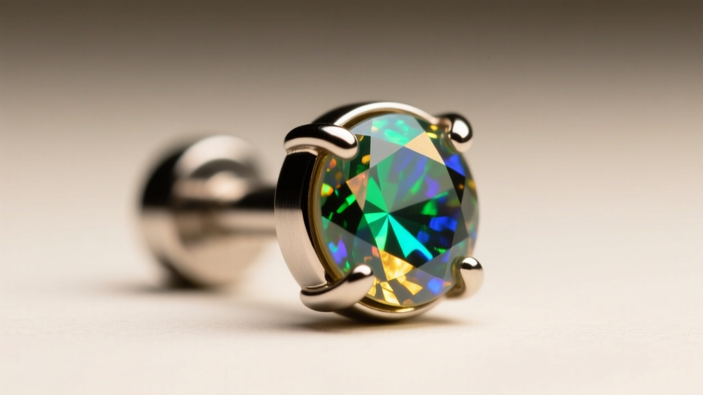 Macro shot of a 16-gauge titanium flat back labret with a bezel opal in an anti tragus piercing under soft studio lighting