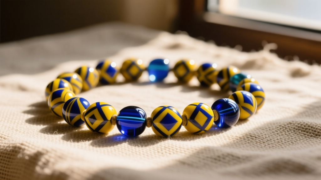African powder glass trade beads on raw linen, showcasing vibrant yellow and blue geometric patterns in warm, natural sunlight.