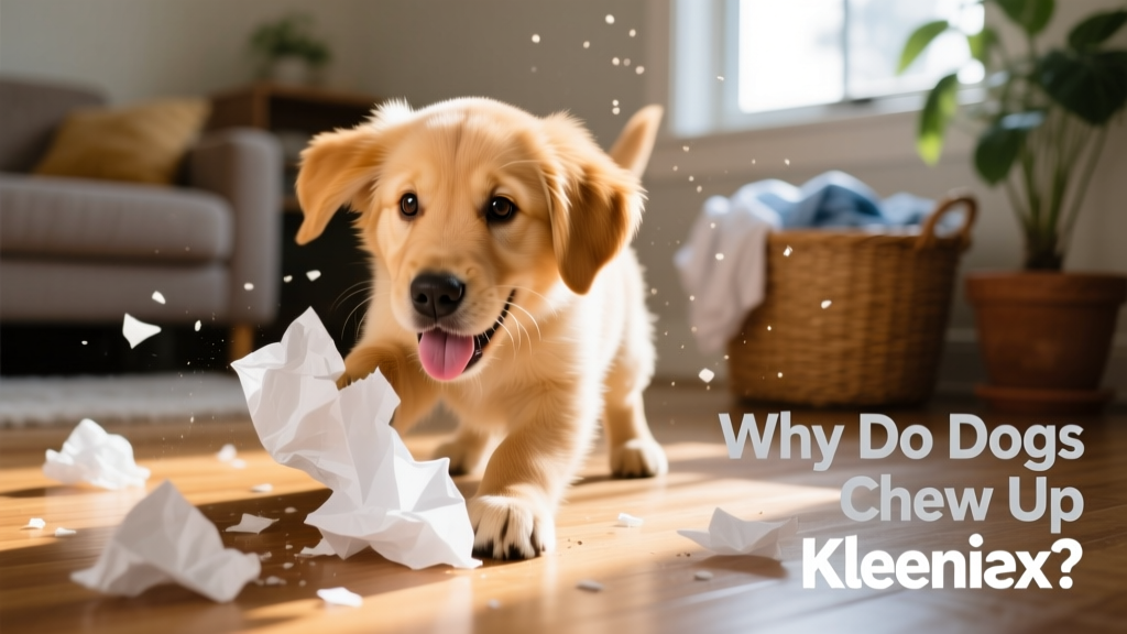Close-up of a dog playfully shredding a white tissue on the floor