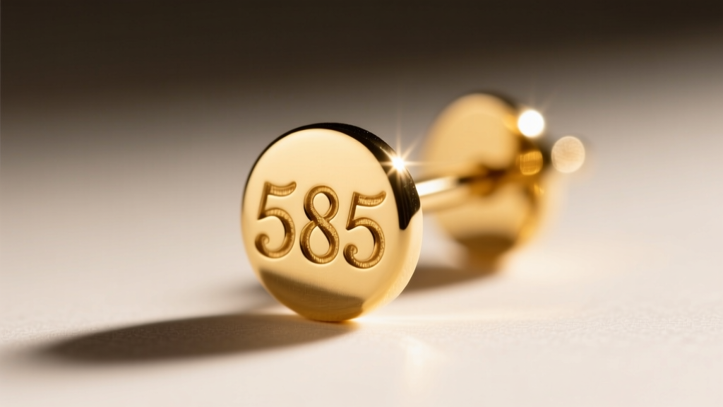 Extreme close-up of a tiny 585 hallmark stamped on the post of a gold earring, illuminated by a harsh directional LED light