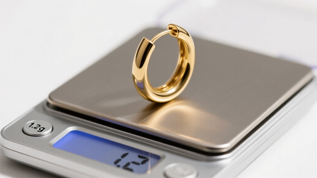 Side profile of a lightweight hollow-tube gold hoop earring resting on a digital jewelry scale showing 1.2 grams, soft lighting.