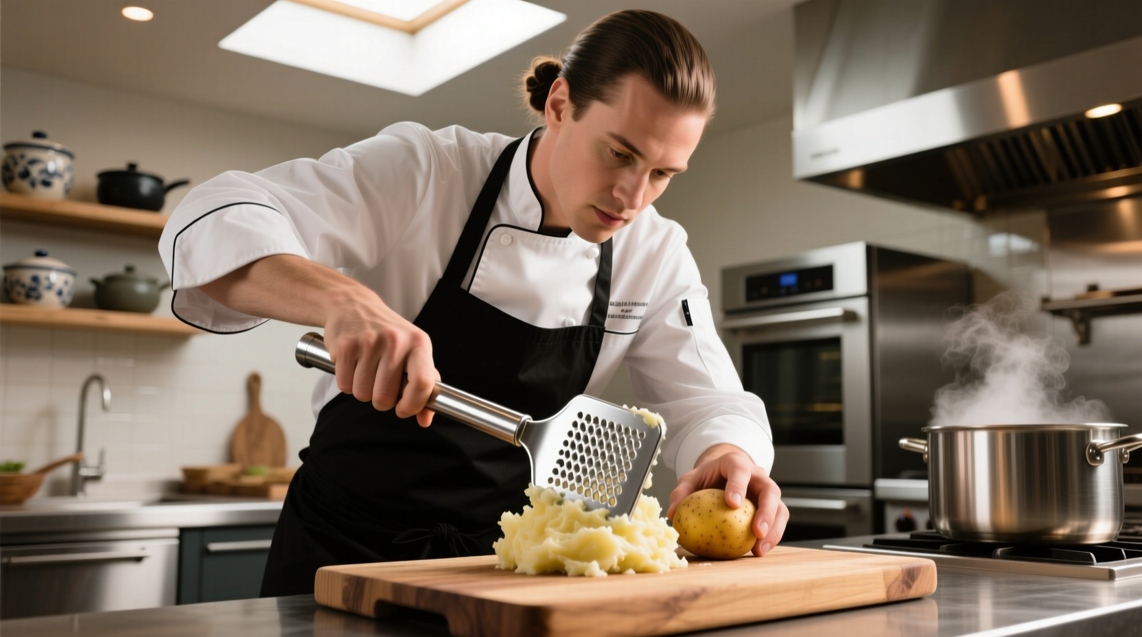 Professional chef using stainless steel potato masher
