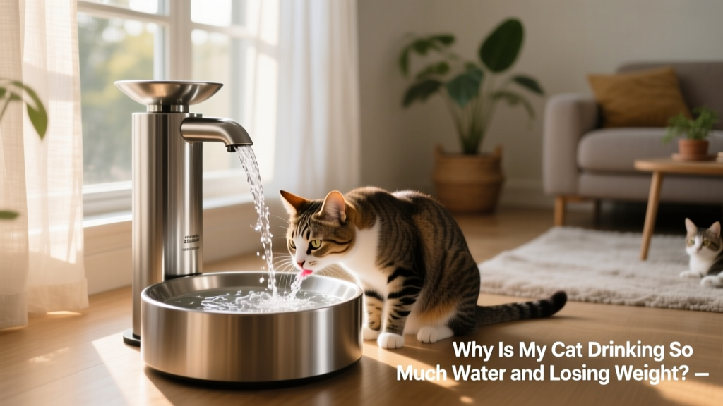 Modern stainless steel cat fountain with flowing water, placed near a sunny window