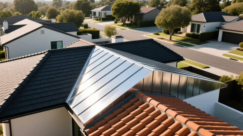 Aerial view of residential roofs featuring dark architectural asphalt shingles, silver standing seam metal, and terracotta clay tiles