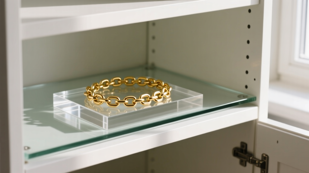 Heavy gold chain on an acrylic riser in an IKEA VITTSJÖ cabinet, showing weight distribution across the tempered glass surface