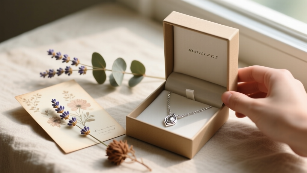 Opened gift box revealing a sterling silver mood necklace next to a vintage greeting card and a small bunch of dried flowers.