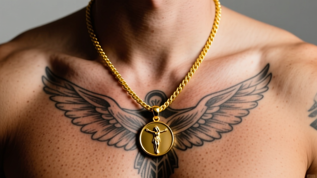 Male chest with sternum tattoo framed by an 18k yellow gold 1.5mm rope chain and a 20mm Jesus pendant under soft lighting