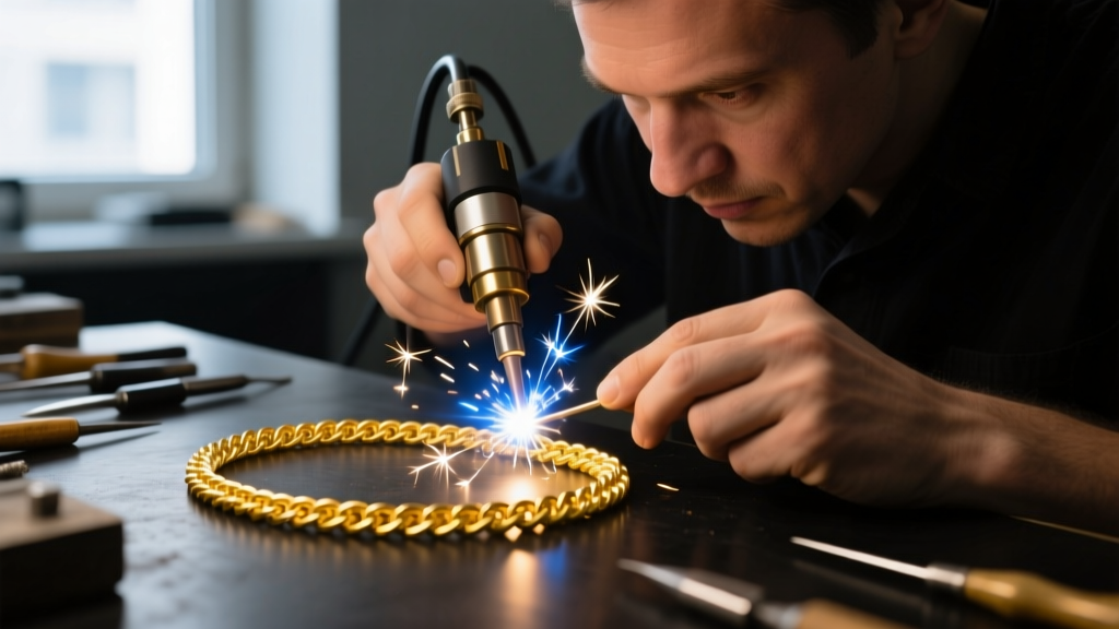 Jeweler using a laser welder to fix an 18k yellow gold rope chain, with sparks visible at the weld point on a dark workbench