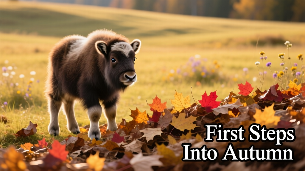 Muskox calf standing at the edge of a large, sunlit leaf pile in an open grassy field