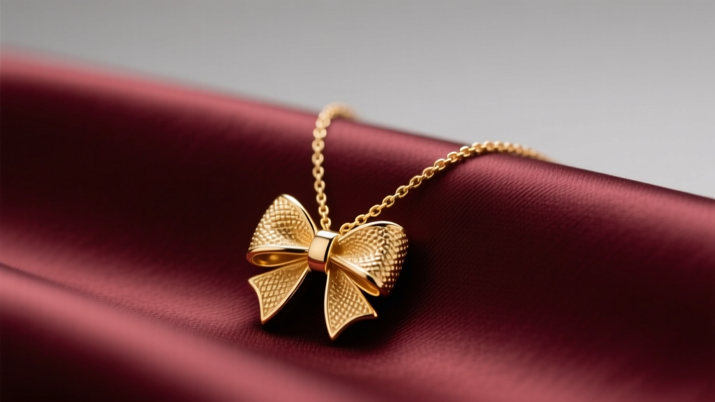 Close-up of a delicate 14k solid gold necklace with a textured bow pendant resting on silk fabric under soft studio lighting.