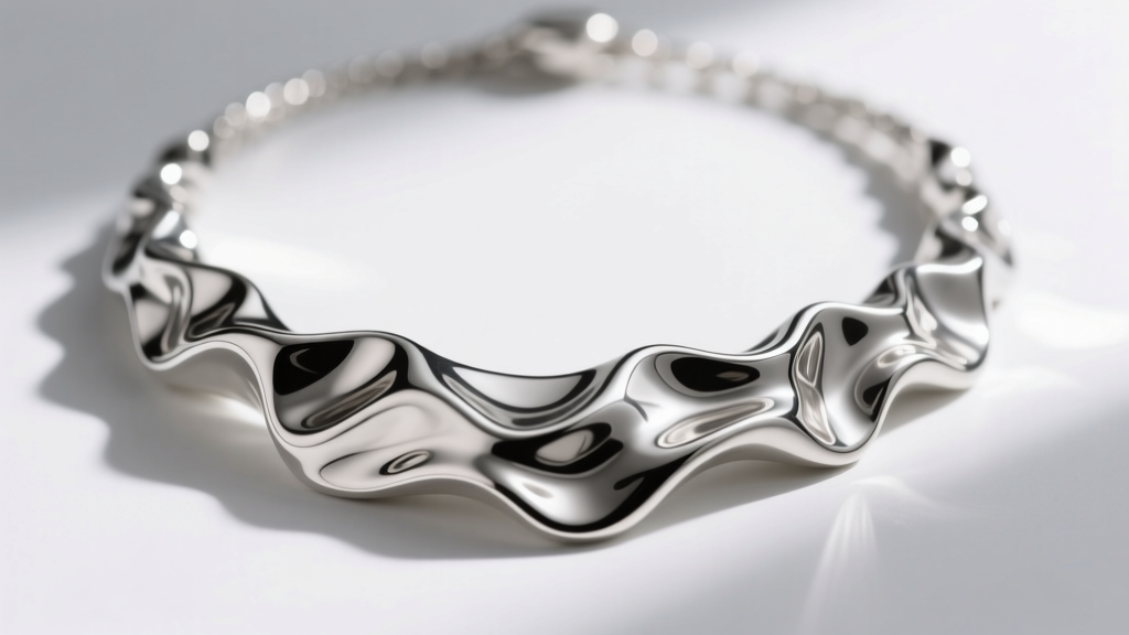 Macro shot of a sterling silver necklace with a melted, wrinkled texture, showing deep crevices and bright, polished metal ridges.