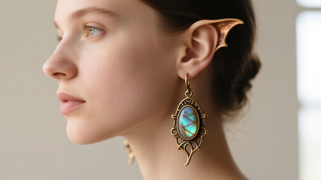 Side profile of a person wearing raw brass and labradorite goblincore dangle earrings, highlighting the earlobe and cartilage area