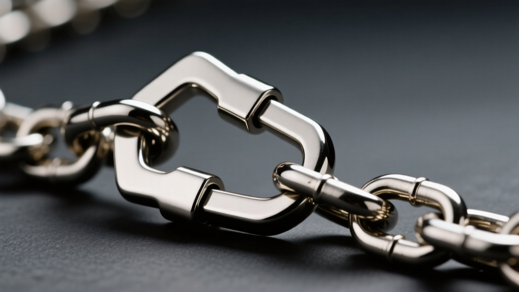 Macro shot of a sturdy stainless steel lobster clasp securing a thick 5mm Cuban link chain against a blurred dark background