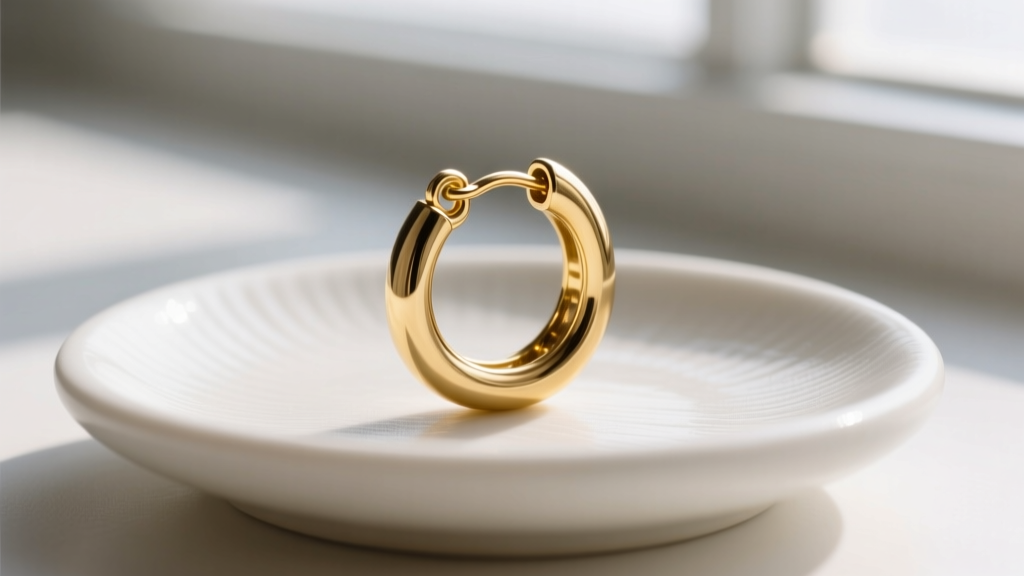 Macro shot of an 18-gauge gold huggie earring with a hinged snap closure, displayed on a minimalist matte ceramic jewelry dish.