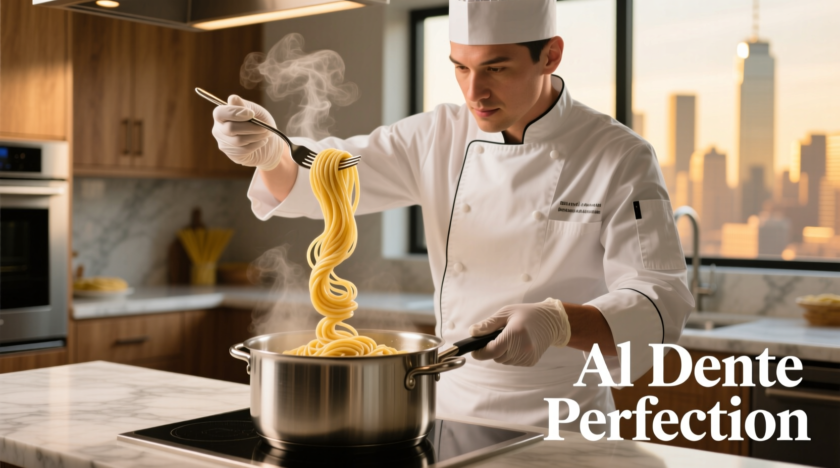 Chef testing pasta doneness with fork twist