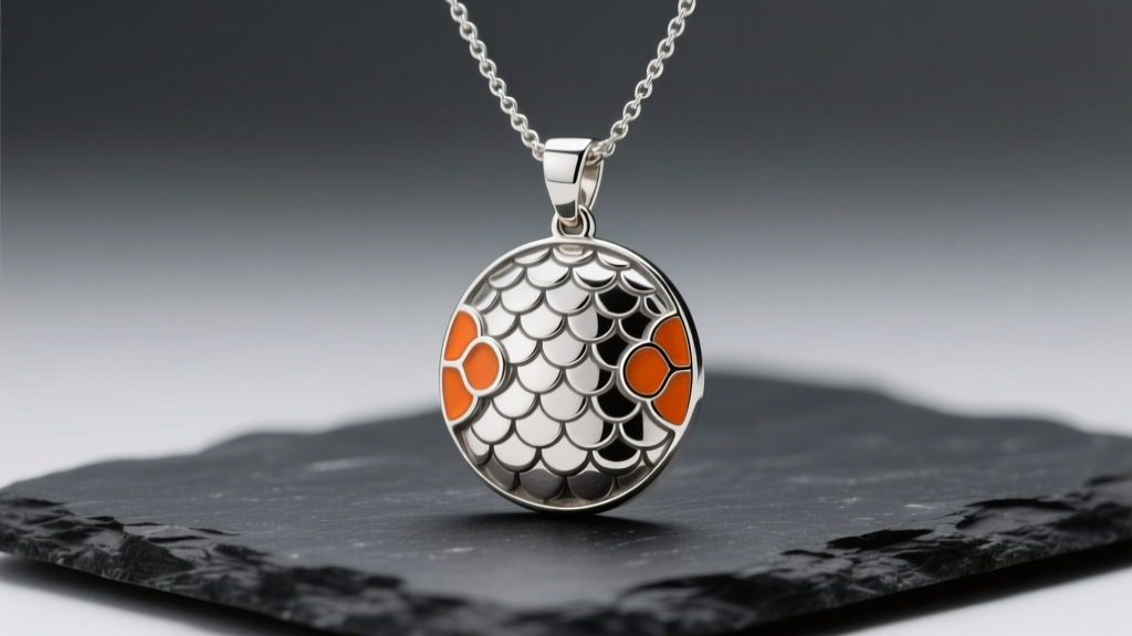Sterling silver Pochita pendant necklace on dark slate showing textured scales and bright orange enamel under soft studio lighting.