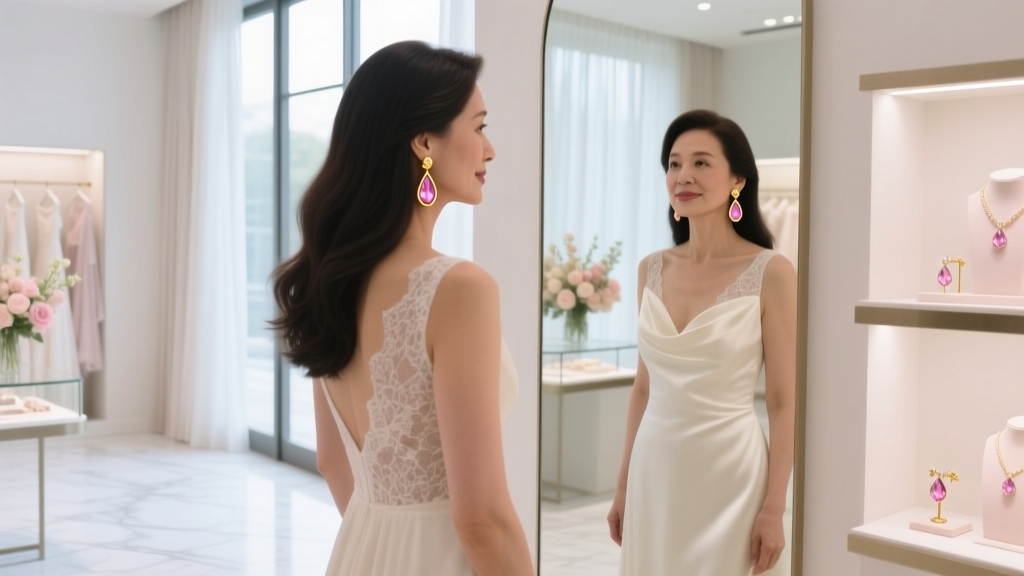 Elegant mother of the bride trying on 18k gold leverback drop earrings with teardrop morganite stones in a bright bridal boutique.