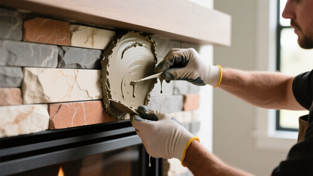 Close-up of a DIYer applying polymer-modified mortar to stack manufactured ledger stone veneer panels on a fireplace