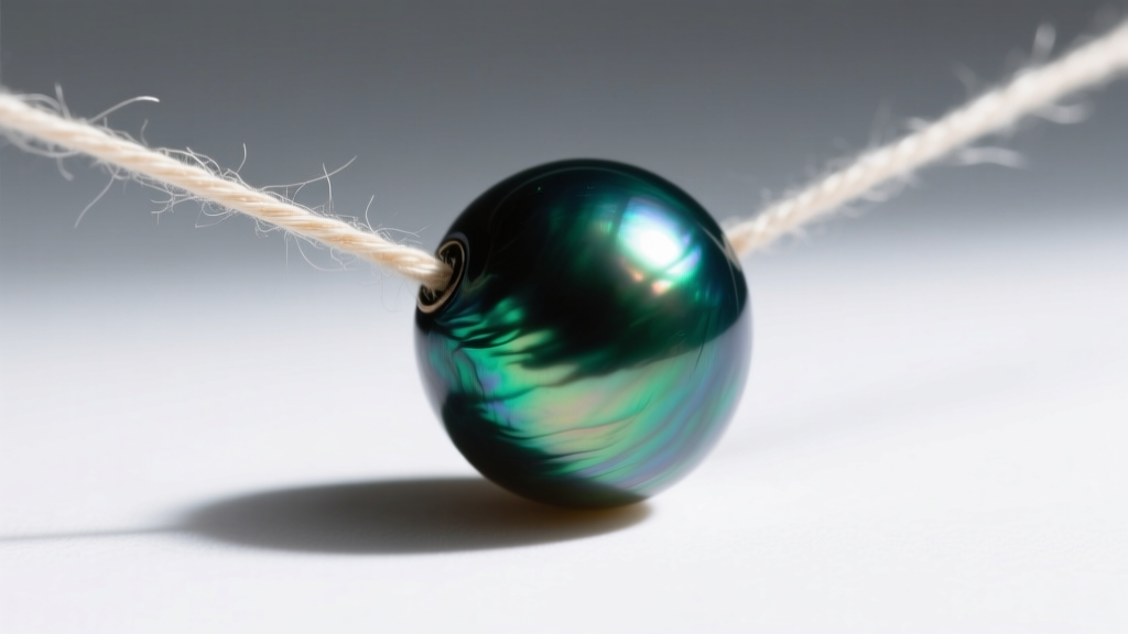 Macro shot of a dark Tahitian baroque pearl showing intense peacock green overtone and thick nacre luster on raw silk thread