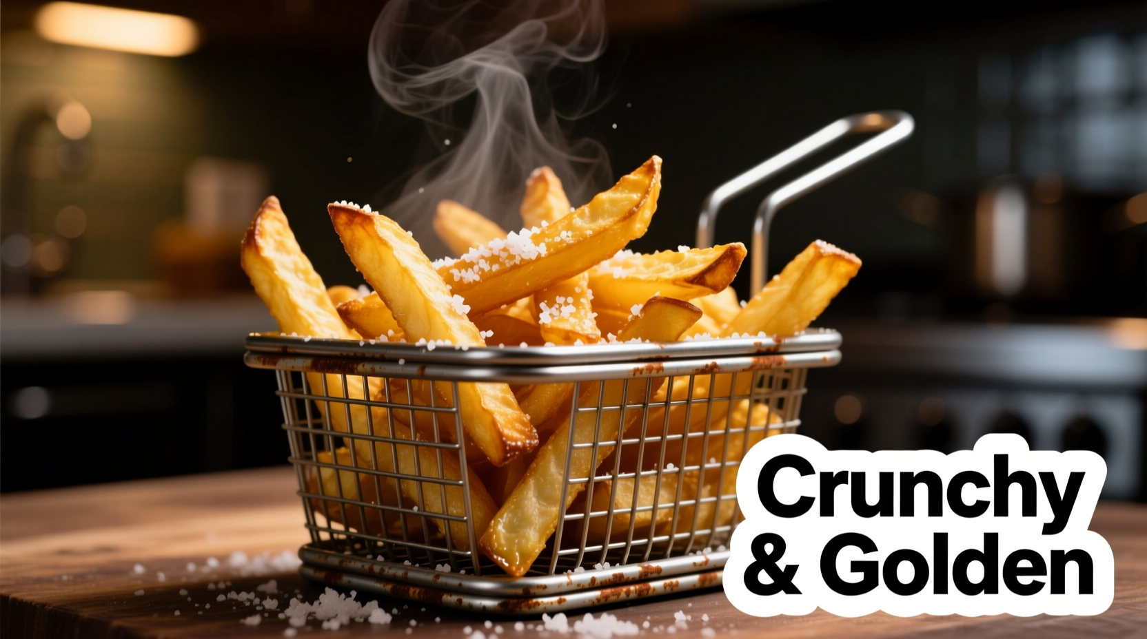 Golden brown deep-fried potato fries in a metal basket