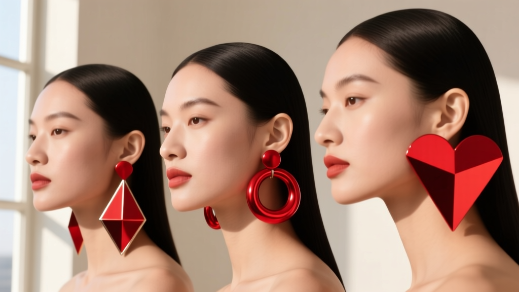 Diagram showing three different face shapes styled with distinct red large earrings, including geometric drops and rounded hoops.