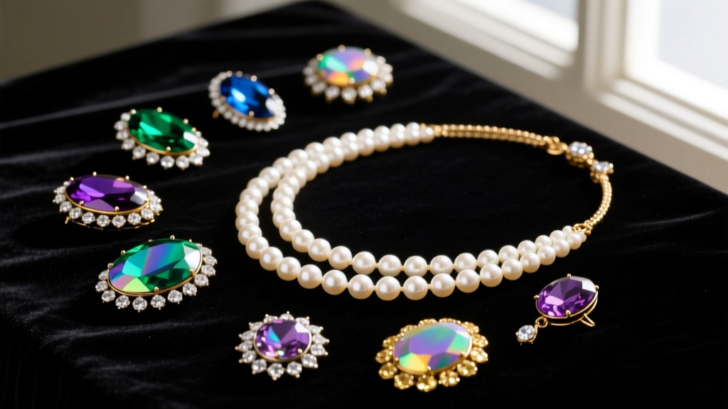 Flat lay of vintage Weiss costume jewelry with aurora borealis rhinestone brooches and glass pearl necklaces on dark velvet