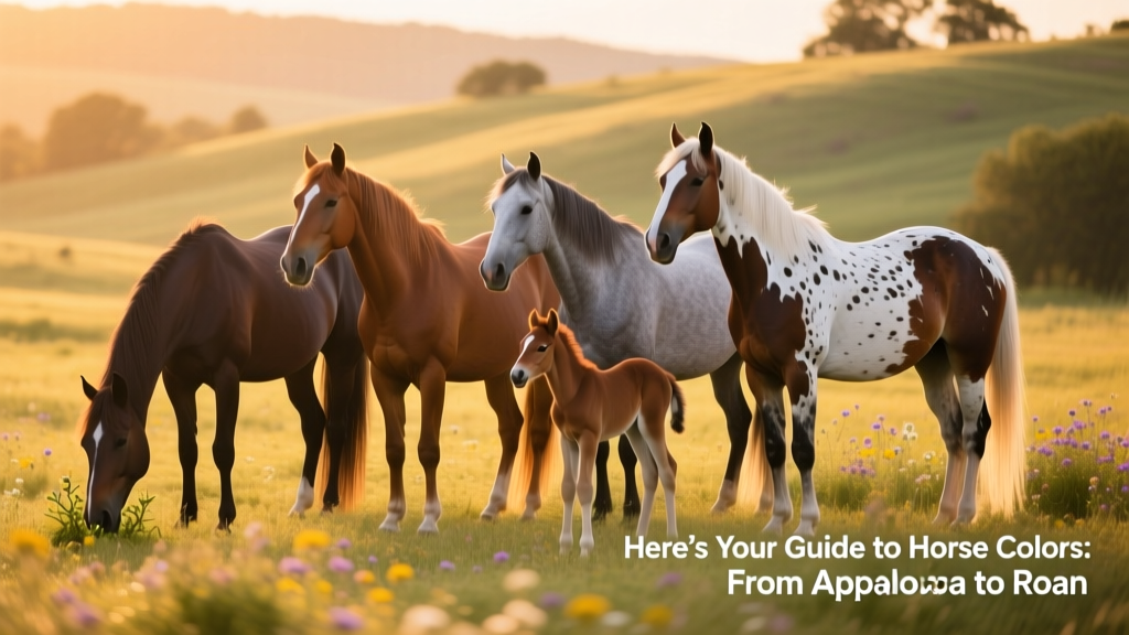 A group of horses standing in a sunlit pasture, showcasing a variety of coat colors including bay, chestnut, and gray