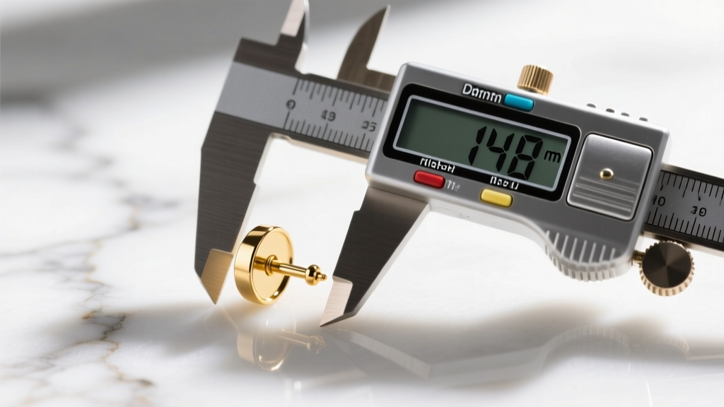 Close-up of digital calipers measuring a 14k gold flat back labret earring post resting on a bright white marble surface.