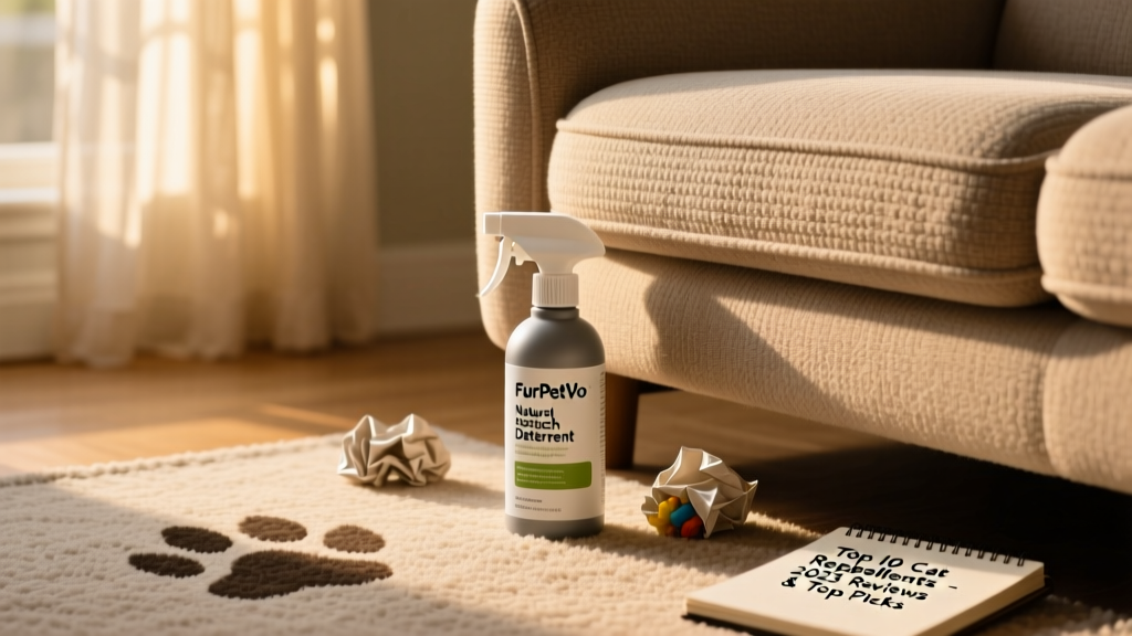 Bottle of FurPetVo Natural Scratch Deterrent Spray next to a sofa armrest with protective fabric cover
