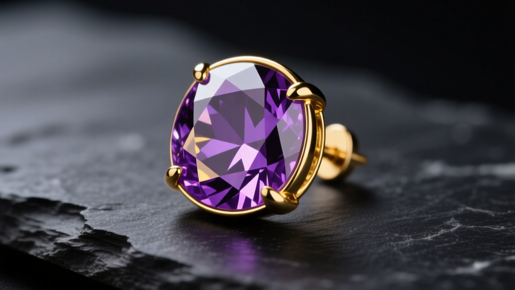 Macro photo of a faceted purple gold alloy gem set in an 18k yellow gold bezel earring, resting on dark slate, studio light