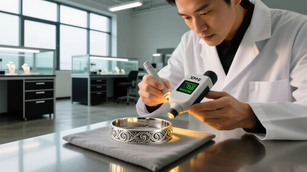 Jeweler holding an XRF spectrometer to test gold thickness on a 925 silver plated bracelet in a bright, modern jewelry workshop.