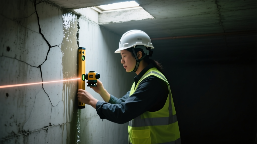 Structural engineer inspecting a cracked concrete basement wall with a laser level while water seeps through the joint in a dimly lit crawlspace