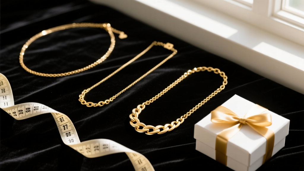 Elegant flat lay of three gold necklaces of varying lengths on black velvet, with a soft measuring tape and a gift box nearby.