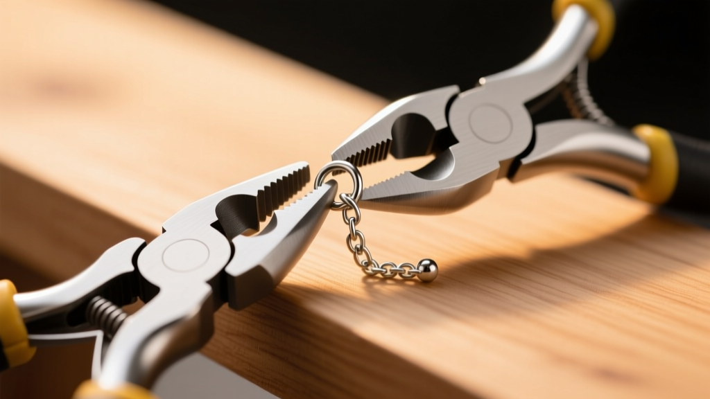 Pliers attaching a lobster clasp to a 1.5mm silver ball chain via a jump ring on a wooden bench under warm lighting.