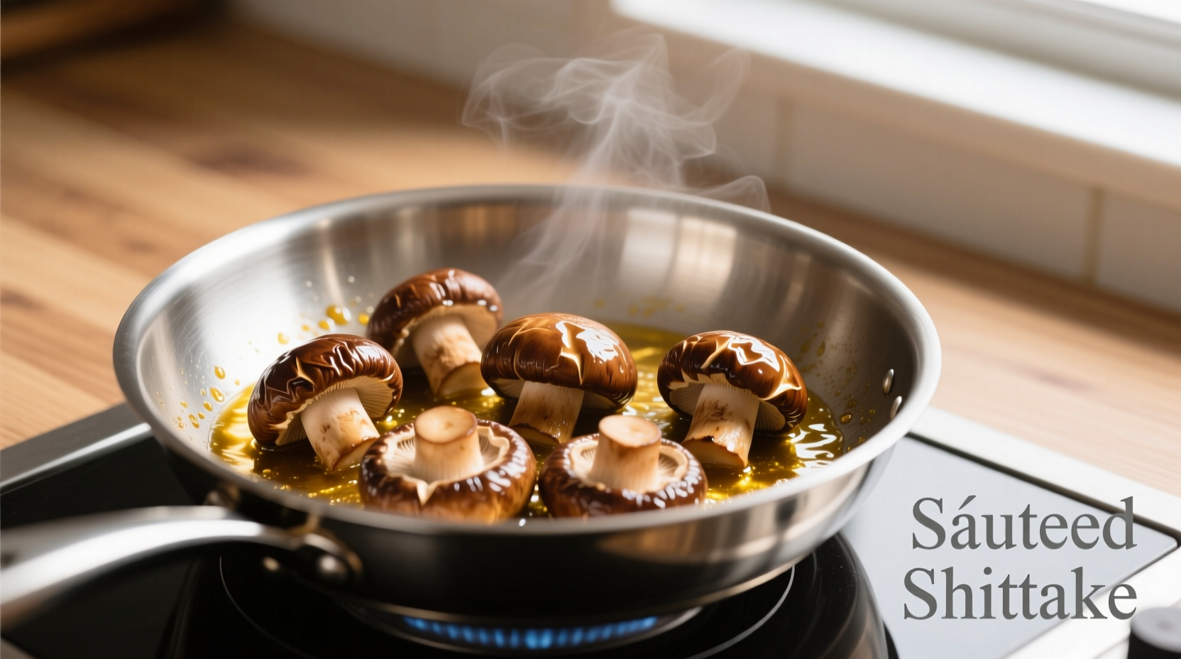Golden brown shiitake mushrooms sautéing in stainless steel pan
