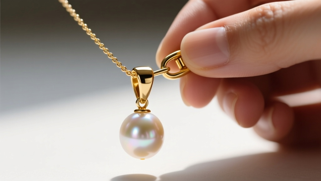 Close-up of hands attaching a gold bail converter to an akoya pearl necklace clasp to create a reverse spine pendant drop.