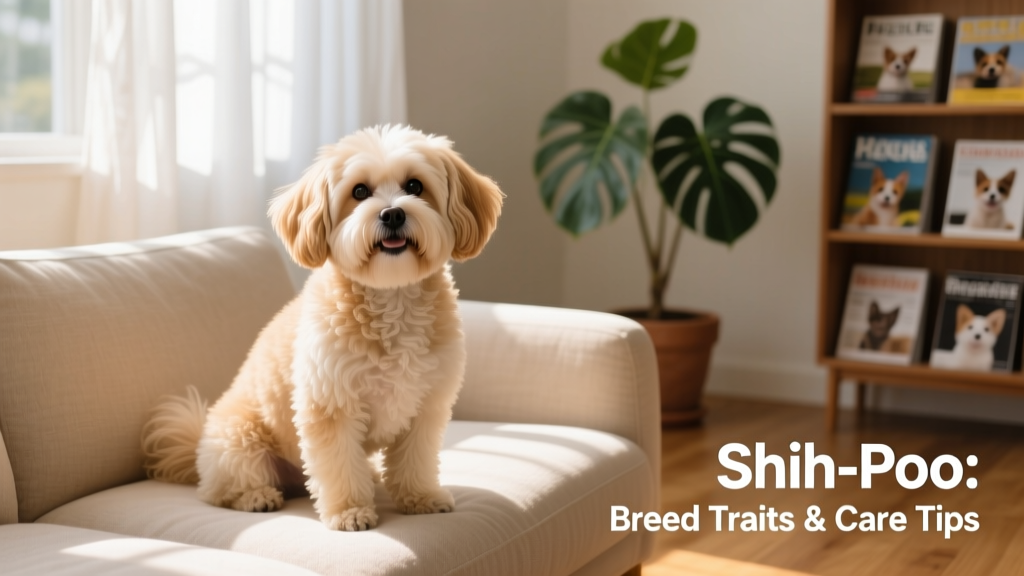 A cheerful, fluffy Shih-Poo sitting on a sunlit sofa, looking alert and friendly