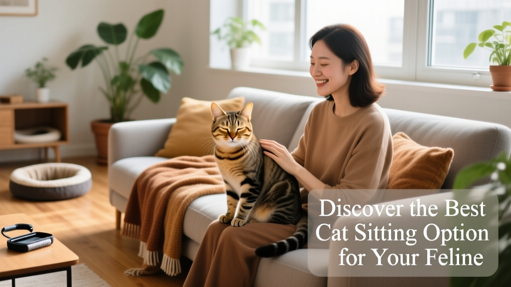 A friendly, calm cat sitting beside a smiling cat sitter on a living room sofa, both relaxed and engaged